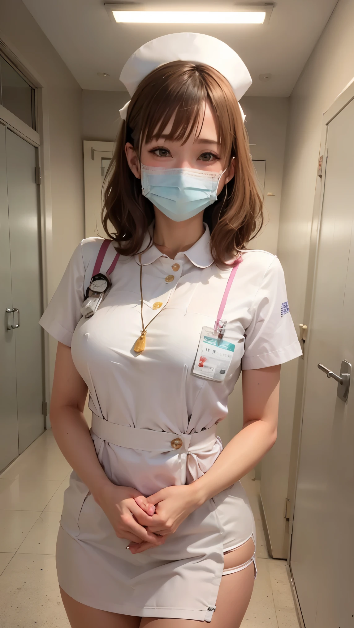 1 girl,(Wearing white nurse clothes:1.2),(RAW Photos, highest quality), (Realistic, photo-Realistic:1.4), masterpiece, Very delicate and beautiful, Very detailed, 2k wallpaper, wonderful, finely, Very detailed CG unity 8k wallpaper, Very detailed, High resolution, Soft Light, Beautiful detailed girl, Very detailed eyes and face, Beautiful and detailed nose, finely beautiful eyes, nurse, Perfect Anatomy, Black Hair, Upstyle, nurse uniform, ((mask)), mini skirt, nurse, Pink outfit, thin, hospital, clear, White Uniform, hospital room, Neck auscultation,Bobcut、front、((slouch:1.3))