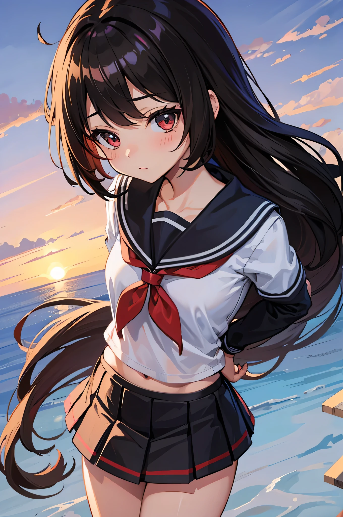 an anime character with long brown tresses and a short skirt in sailor open outfit, holding a bow and arrow, 1girl, solo, sexy short school uniform, sexy serafuku, long hair, black hair, cowboy skirt, looking at viewer, white background, simple background, black serafuku, pleated skirt, blush, low back angle, uncensored, 60% nude