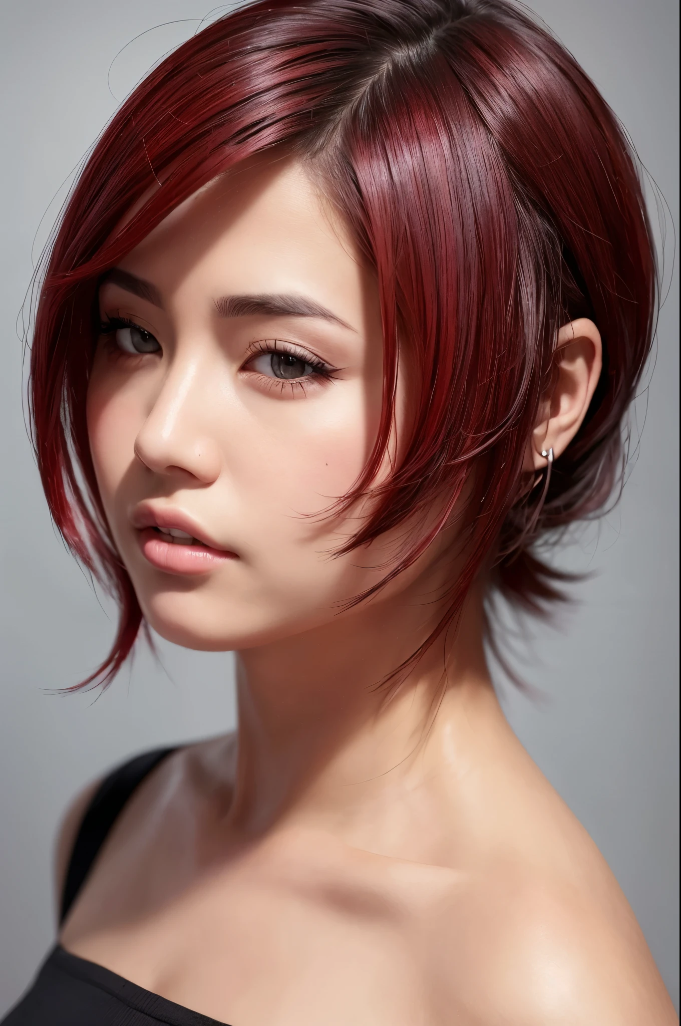 ((realistic: 1.5)),((best quality)),((detailed)), Woman, young, short dark hair with red highlights, Asian, beautiful, nose and eyebrow piercing.