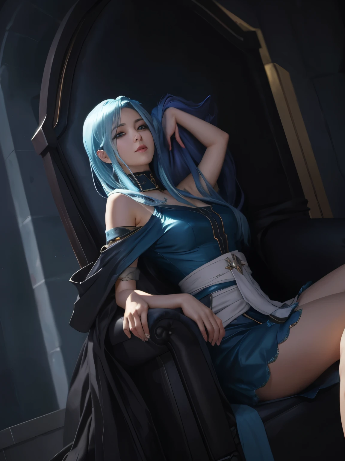 lol splashart, there is a woman with blue hair sitting in a chair, painted in anime painter studio, tailed blue hair woman, painted in high resolution, mtg artstyle, speedpaint, tgc artstyle, 3d anime style, perfect ideal anatomy, original art, there is a woman sitting in a chair in a room, relaxing concept art, realistic anime, on her throne, sitting on her throne, dark castle palace background scene, painted in anime painter studio, made with anime painter studio, in a throne room, illustration concept art, digital painting concept art,dark palace environment.