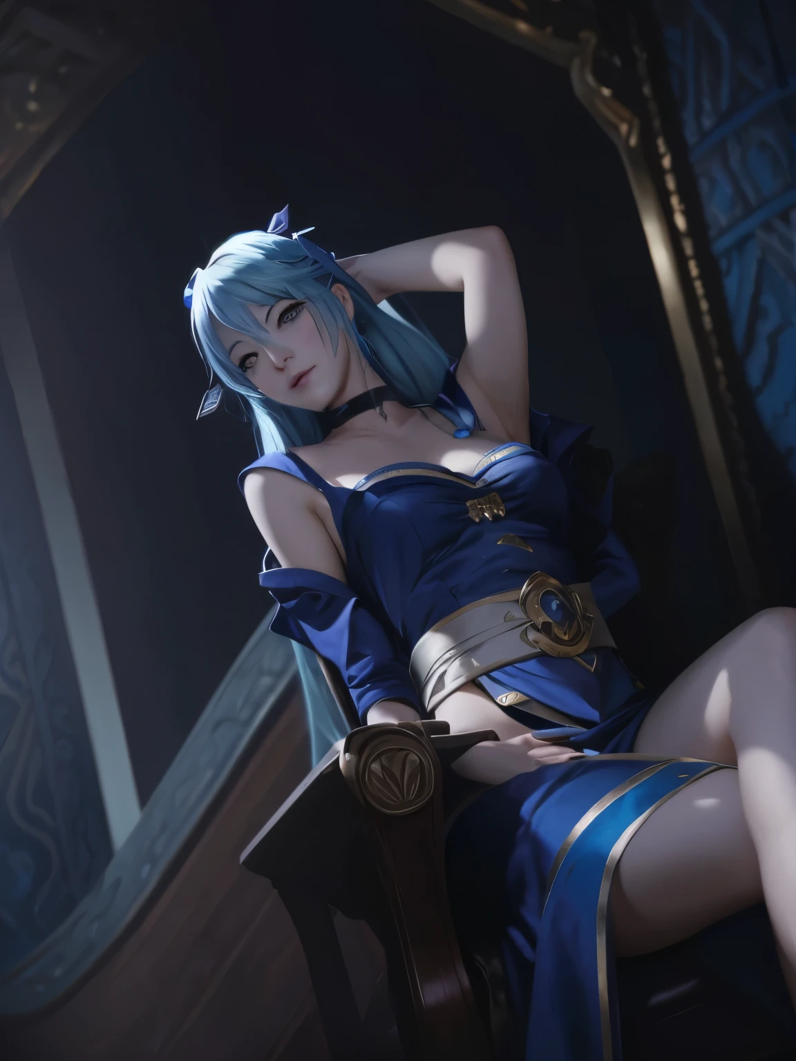 lol splashart, there is a woman with blue hair sitting in a chair, painted in anime painter studio, tailed blue hair woman, painted in high resolution, mtg artstyle, speedpaint, tgc artstyle, 3d anime style, perfect ideal anatomy, original art, there is a woman sitting in a chair in a room, relaxing concept art, realistic anime, on her throne, sitting on her throne, dark castle palace background scene, painted in anime painter studio, made with anime painter studio, in a throne room, illustration concept art, digital painting concept art,dark palace environment.