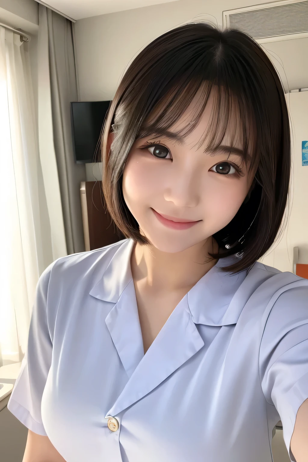 (1 Girl)、(Beautiful Japanese、18years old,round face、Refreshing、clear、seems kind、stylish、Pitiful、cute like an angel、cute、black eyes、,actress,Almond-shaped eyes), Good style , (Beautiful big breasts:1.2),(soft breasts),(very cute),(Black hair),(short bob hair),(enchanting eyes),(highlight on eyes:1.2)、(8K、Live shooting、highest quality、masterpiece:1.2、optimal lighting)、((masterpiece)),(Photo taken by a professional photographer),(real、photo real:1.4),break,{ (White nurse costume),(((taraditional nurse uniform))),(White nurse mini skirt),((White pantyhose)),(cleavage:0.7)},(Smile),(cheeks are red:1.2), break, break,Hospital,Face shot:1.3、Hospital cafeteria、Looking at viewer, face close-up,Dynamic angle,Paw pose