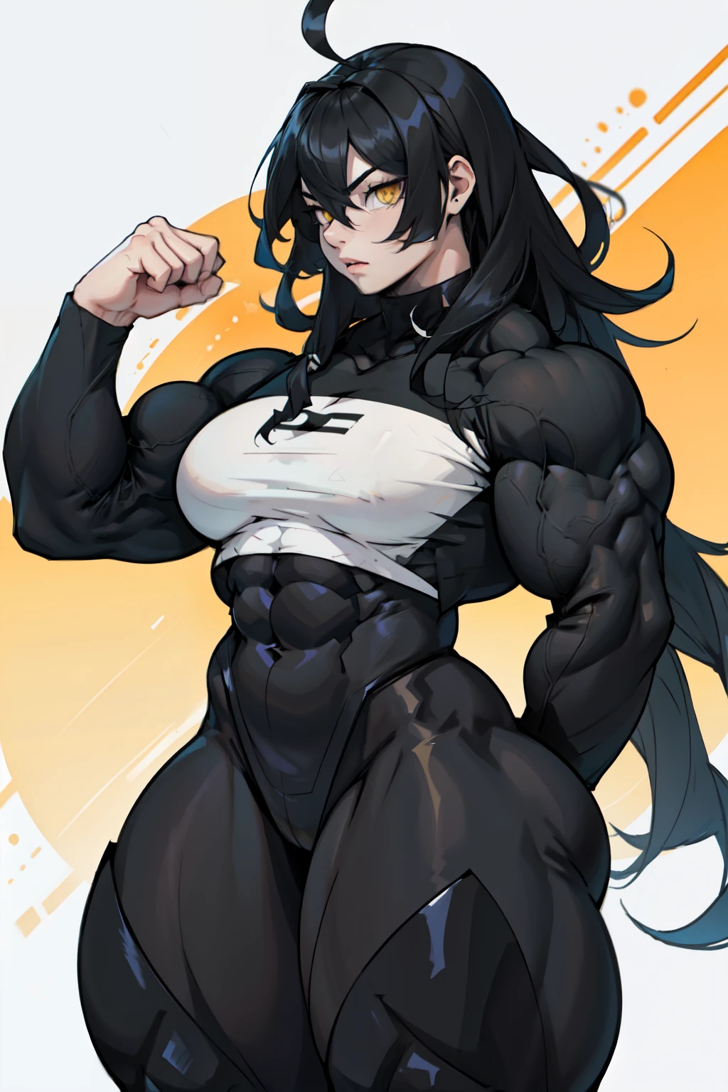 girl ((((muscular 1girl)))) (((thick thighs toned body))) (pale skin) black hair yellow eyes very long hair long sleeve tight t-shirt tight pants (ahoge straight hair)