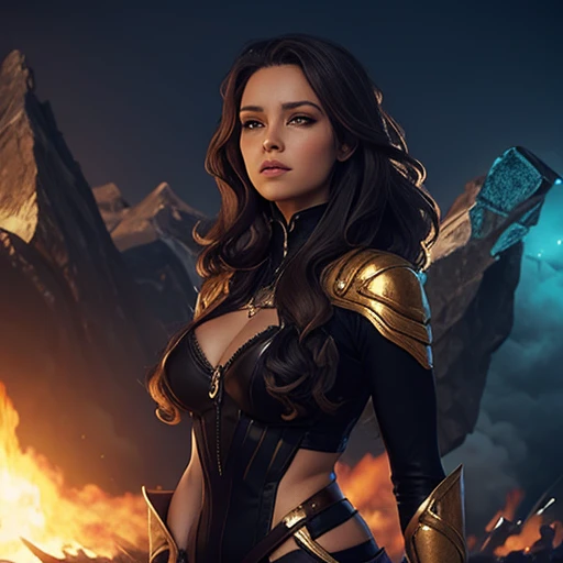Scene from the movie, close-up shot of Sexy Woman dressed as Loki from Marvel, big breasts, distorted space, distorted undead in the background, lens flares, light shafts, intricate details, highly detailed, volumetric lighting, 4k rendering, stock photo, hyperrealistic, realistic textures, dramatic lighting, Unreal Engine
