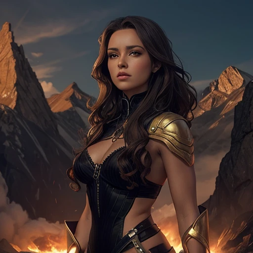 potrait of beautiful space goddess erin olash, (1girl), gorgeous face, windswept hair, slightly smiling expression, realistic skin, wearing futuristic armour, long hair, photorealistic, hyperrealism, ruined city, high resolution, masterpiece, dramatic lighting, best quality, detailed background