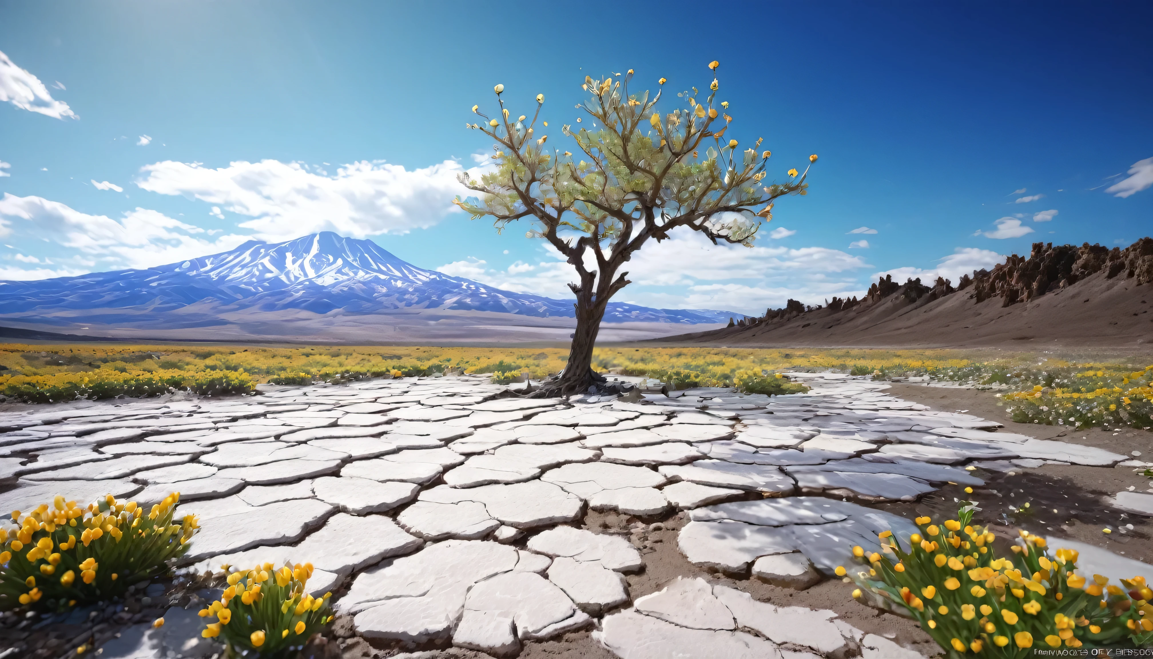 masterpiece, 最high quality, high quality, Very detailed CG uniform 8k wallpaper, Flowers blooming landscape, A dry place like an empty desert, Beloved, Crafty, Mono Lake, Pootree, 3D Digital Painting, Award-winning photography, Bokeh, Depth of written boundary, High resolution, bloom, chromatic aberration, Realistic, Very detailed, Trending on Artstation, Trending on CGSociety, Complex, Attention to detail, dramatic, art:Mid Journey