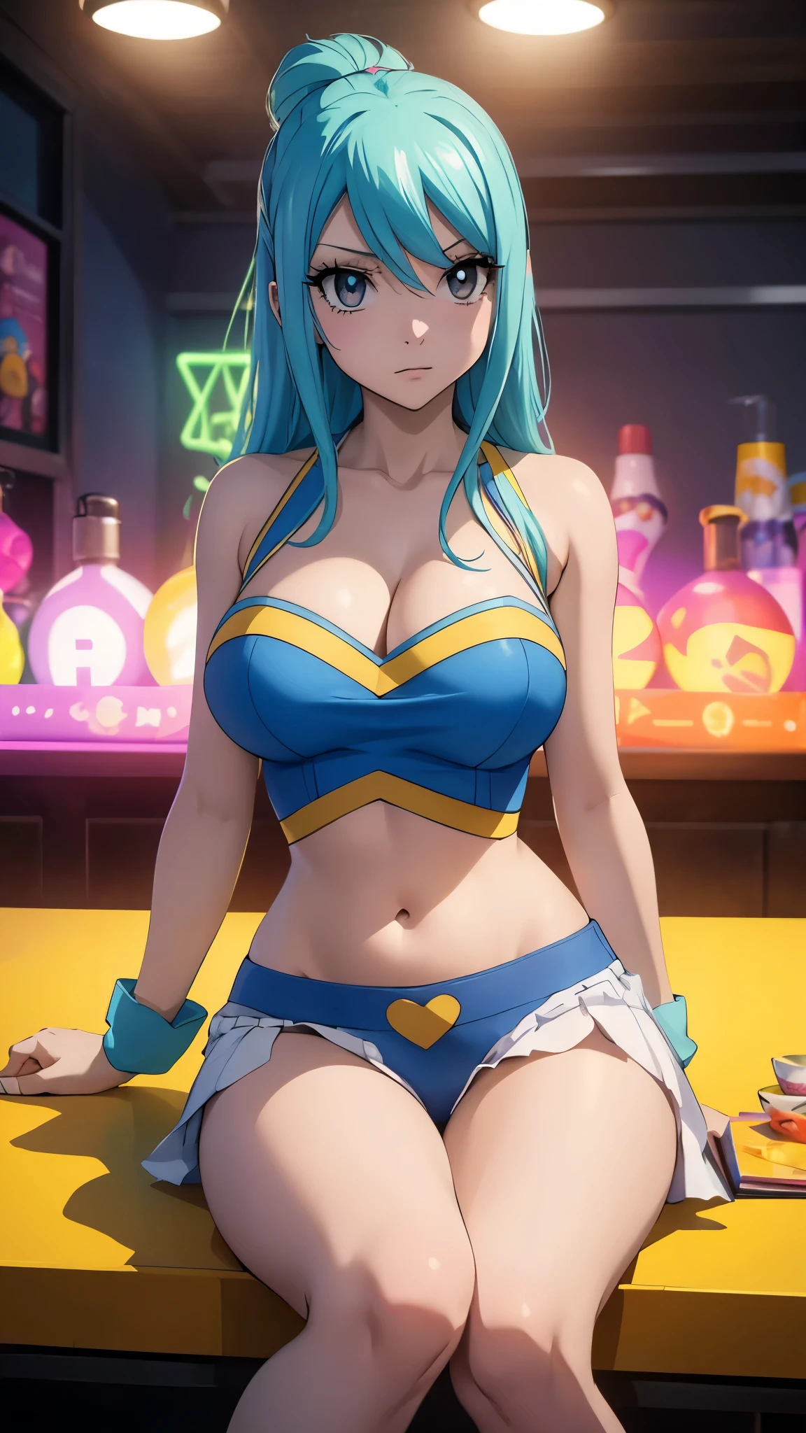 (best quality,highres:1.2),ultra-detailed,realistic,photorealistic:1.37,a beautiful girl (Lucy Heartfillia from Fairy Tail) model in a pop style,18 years old,long legs,medium breasts,extremely detailed face (with emphasis on azure eyes),wearing tight-fitting clothes (exposing the stomach),sitting in a perfect split pose,illustration,colorful pop art style,dynamic lighting,neon colors