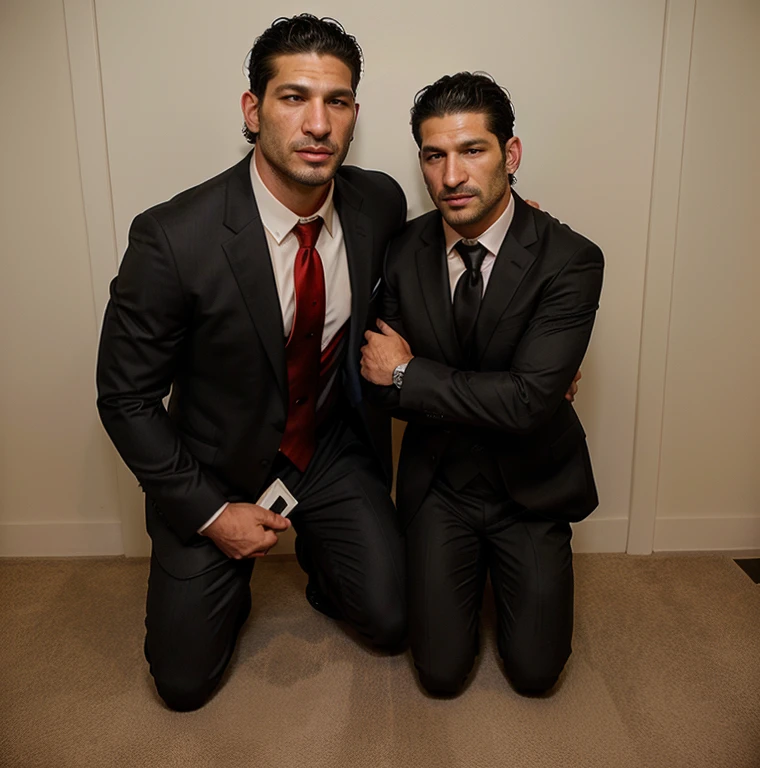 arafed Jon Bernthal in a suit and red tie kneeling next to a Jon Bernthal in a black suit, wearing a suit and tie, in his suit,