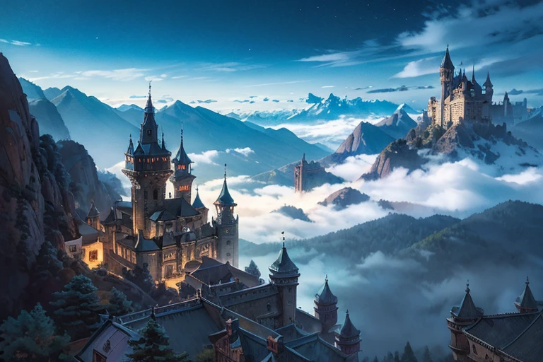 impressive big ((ghibli)) fantasy dark sorcerer's castle at night, tiled roofs, medieval, rocky mountains, many towers, sky passages between towers, clustered towers, many turrets, balconies, POV
