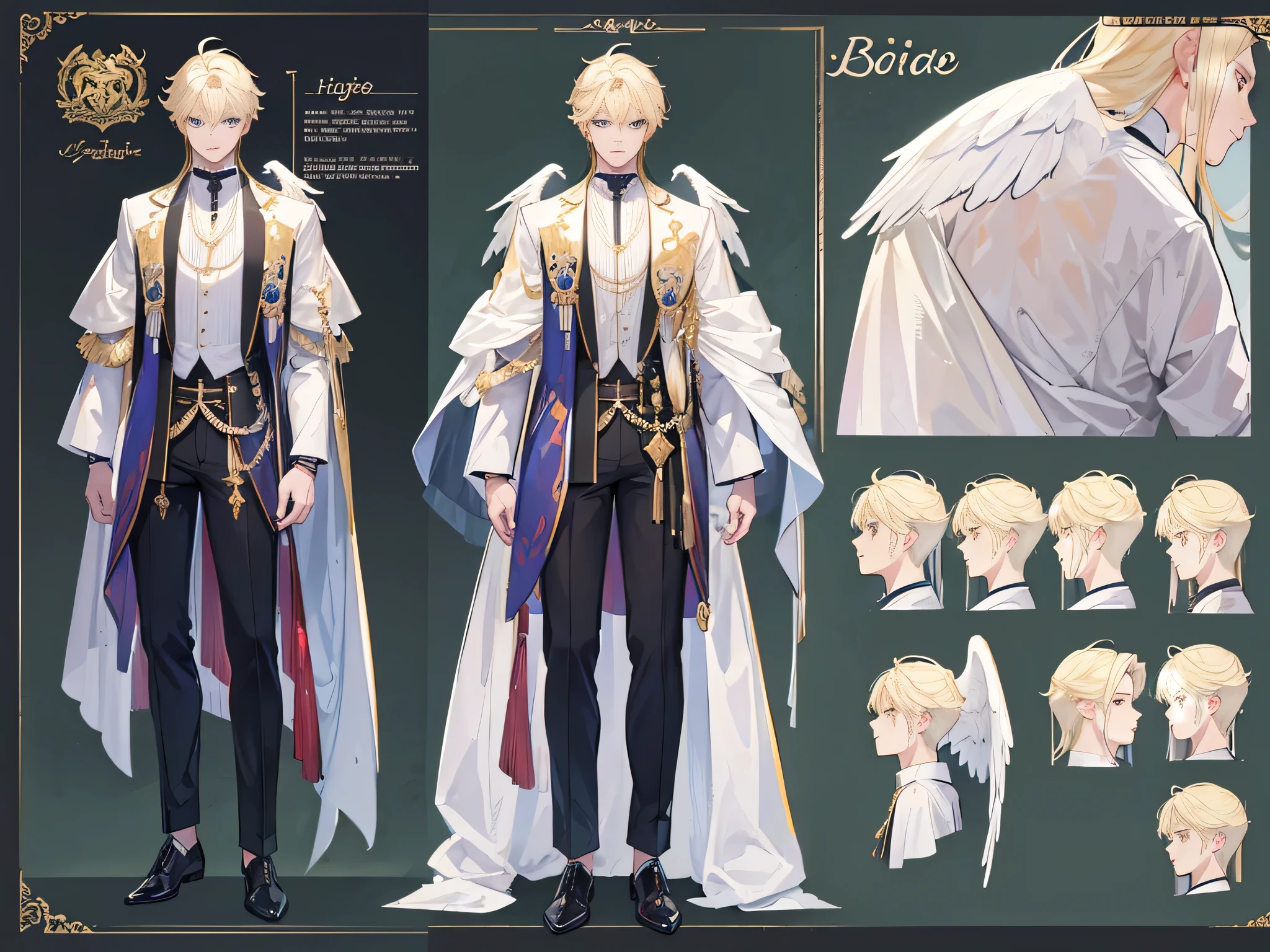 (Masterpiece, best quality), detailed, 1 man, ((character concept art)), ((character design sheet, same character, front, side, back)), full body, body complete, 1 Male angel, 1 Man angel, Detailed face, character design sheet,full bodyesbian, Highly detailed, character sheet, character design, Many parts, dark skin, angel wings, short blonde hair, angel outfit, muscle male god, male clothes, masculine, muscle man, male muscle, manly, male angel, Muscle male with short blonde hair,beautiful man, beautiful boy, abs, pectoral muscle