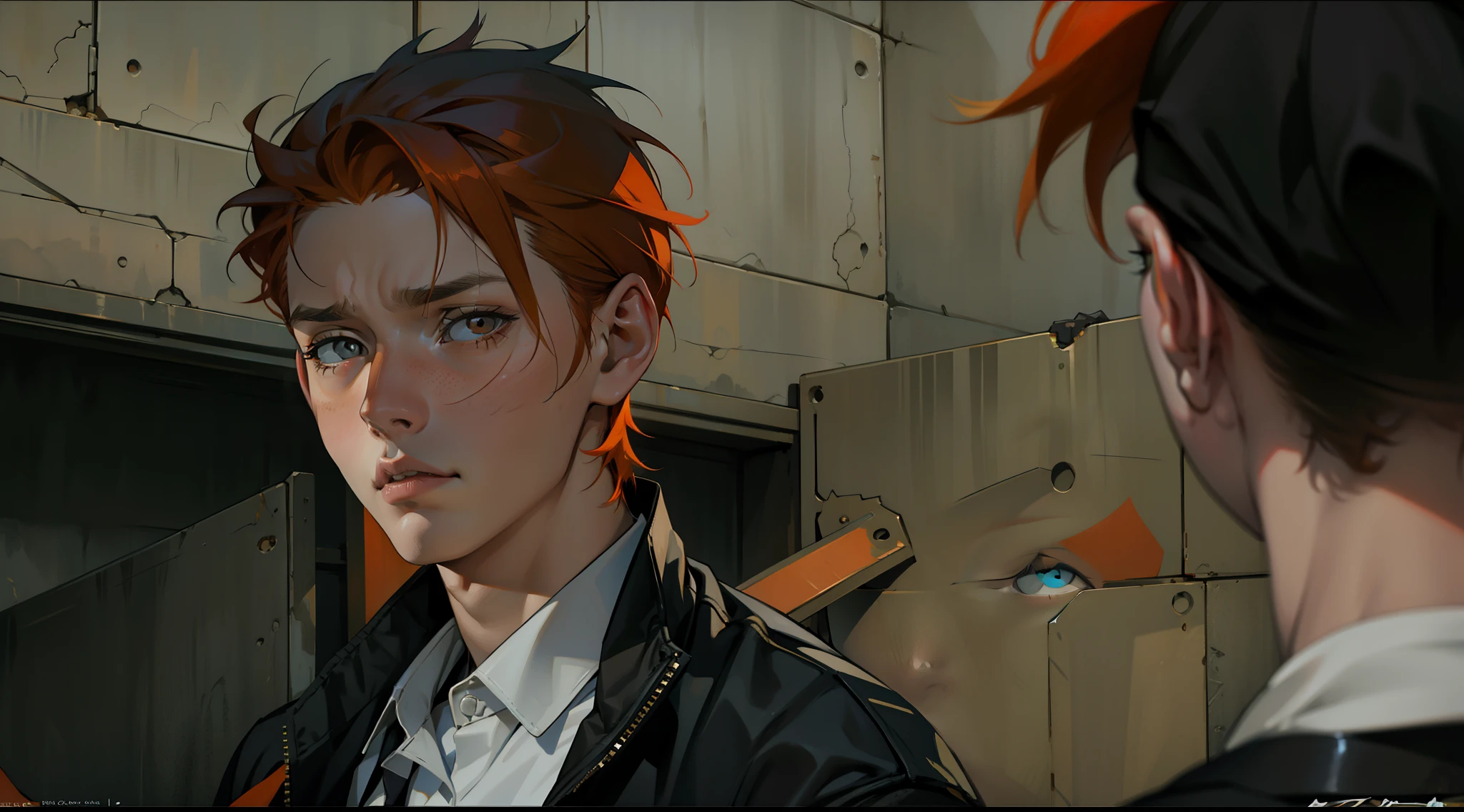 boy with orange hair, ojos naranjas, is sad, is sad, he is 17 years old, tiene una cicatriz en la cara