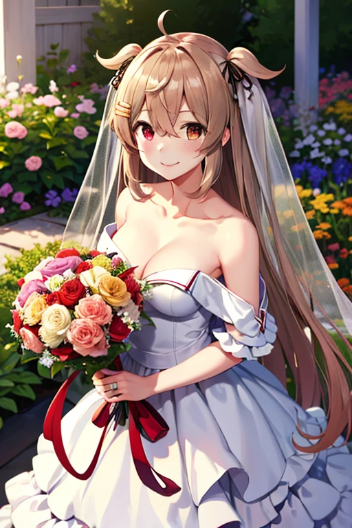 masterpiece, best quality, highres, bbmurasa, long hair, two side up, hair flaps, hairclip, heterochromia, red eyes, brown eyes, off shoulder, collarbone, wedding dress, bouquet, garden, smile, 