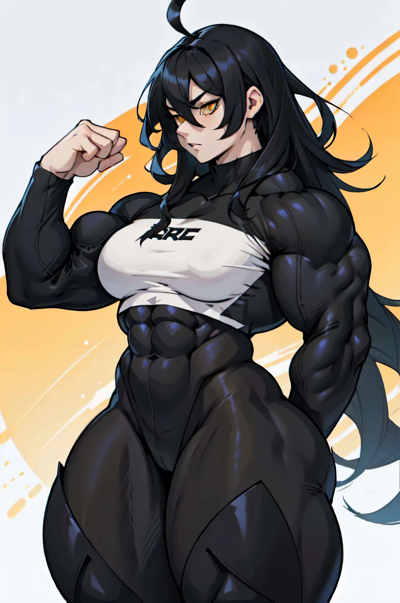 girl ((((muscular 1girl)))) (((thick thighs toned body))) (pale skin) black hair yellow eyes very long hair long sleeve tight t-shirt tight pants (ahoge straight hair)