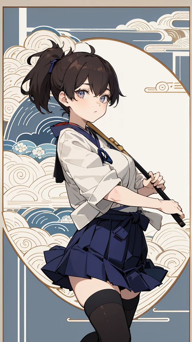 (masterpiece, highest quality) detailed, kaga (kancolle), {{kaga kai ni (kancolle)}}, side ponytail, brown eyes, black long hair, black thighhighs, short skirt, hakama skirt, japanese clothes, , blue hakama, hakama, muneate, tasuki, ，whole body，Chinese element pattern，thigh，