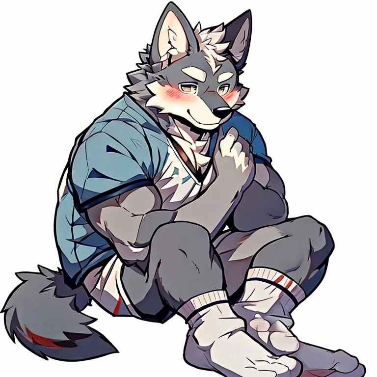 man,Gray wolf,Blushing,the strong,Sitting,Wearing white socks,Show feet