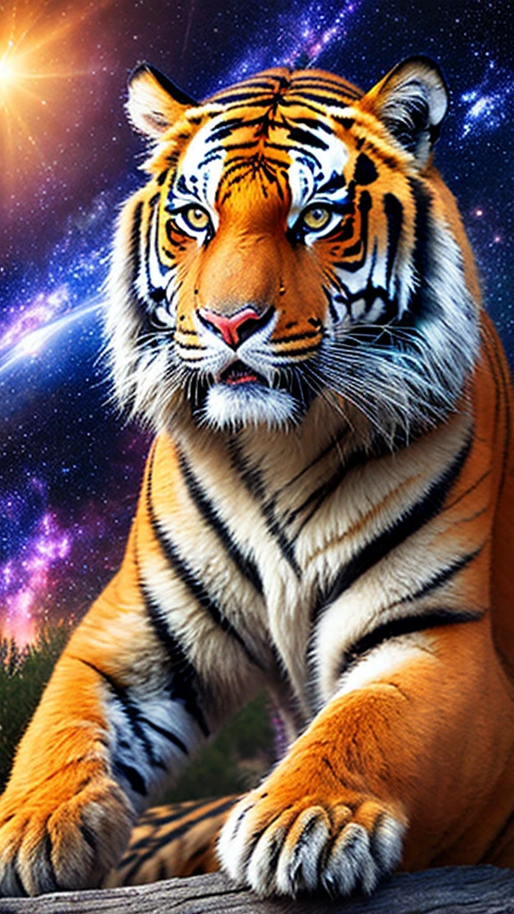 Weiser Tiger, im Sprung, offenes Maul, bunde Galaxy im Hintergrund