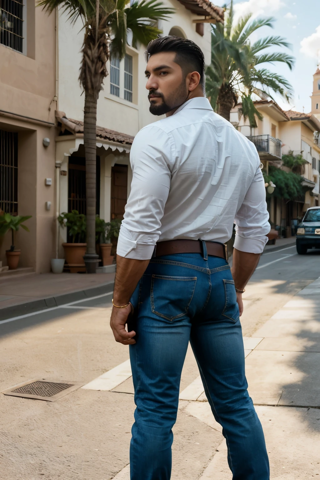 Rogelio Martínez, hombre barbudo y musculoso, muy guapo y varonil, intrincado, elegant, Sharp focus, foto de greg rutkowski, Soft lighting, Colores vibrantes, Obra maestra, ((calles)), cuerpo completo, gold jeans  steep His knees backside, same model 