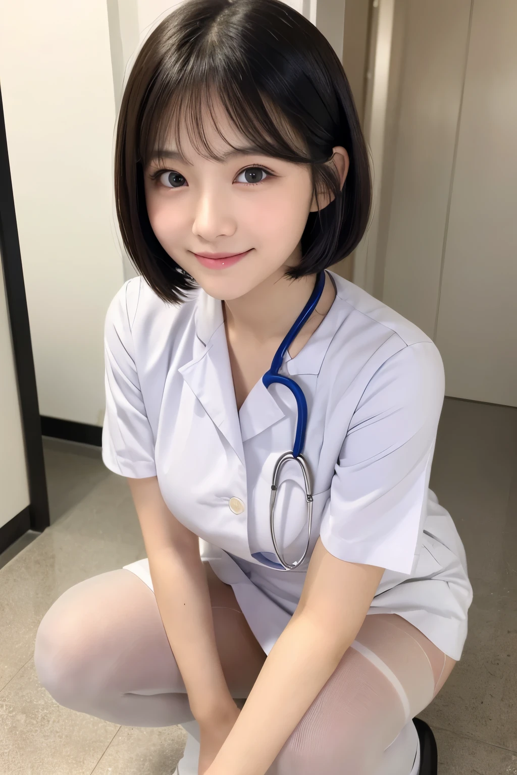 (1Girl)、(Beautiful Japanese、18years old,round face、Refreshing、clear、seems kind、stylish、Pitiful、cute like an angel、cute、black eyes、,actress,Almond-shaped eyes), Good style , (Beautiful big breasts:1.0),(soft breasts),(very cute),(Black Hair),(short bob hair),(enchanting eyes),(highlight on eyes:1.2)、(8K、Live shooting、highest quality、masterpiece:1.2、optimal lighting)、((masterpiece)),(Photo taken by a professional photographer),(real、photo real:1.4),break,{ (White nurse costume),(((taraditional nurse uniform))),(White nurse mini skirt),(( pantyhose)),(cleavage:0.7)},(Smile),(cheeks are red:1.2), break, break,Hospital,Face shot、Hospital corridor、Shy、Face close-up、squatting,Looking back