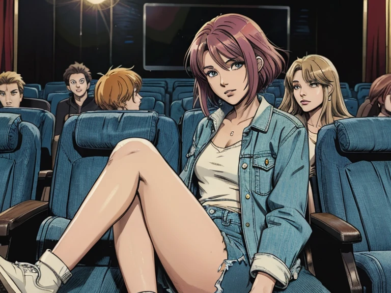 2d cartoon,masterpiece, An anime woman, colored hair, in cinema, with friends, denim jacket, shorts, blouse, sitting