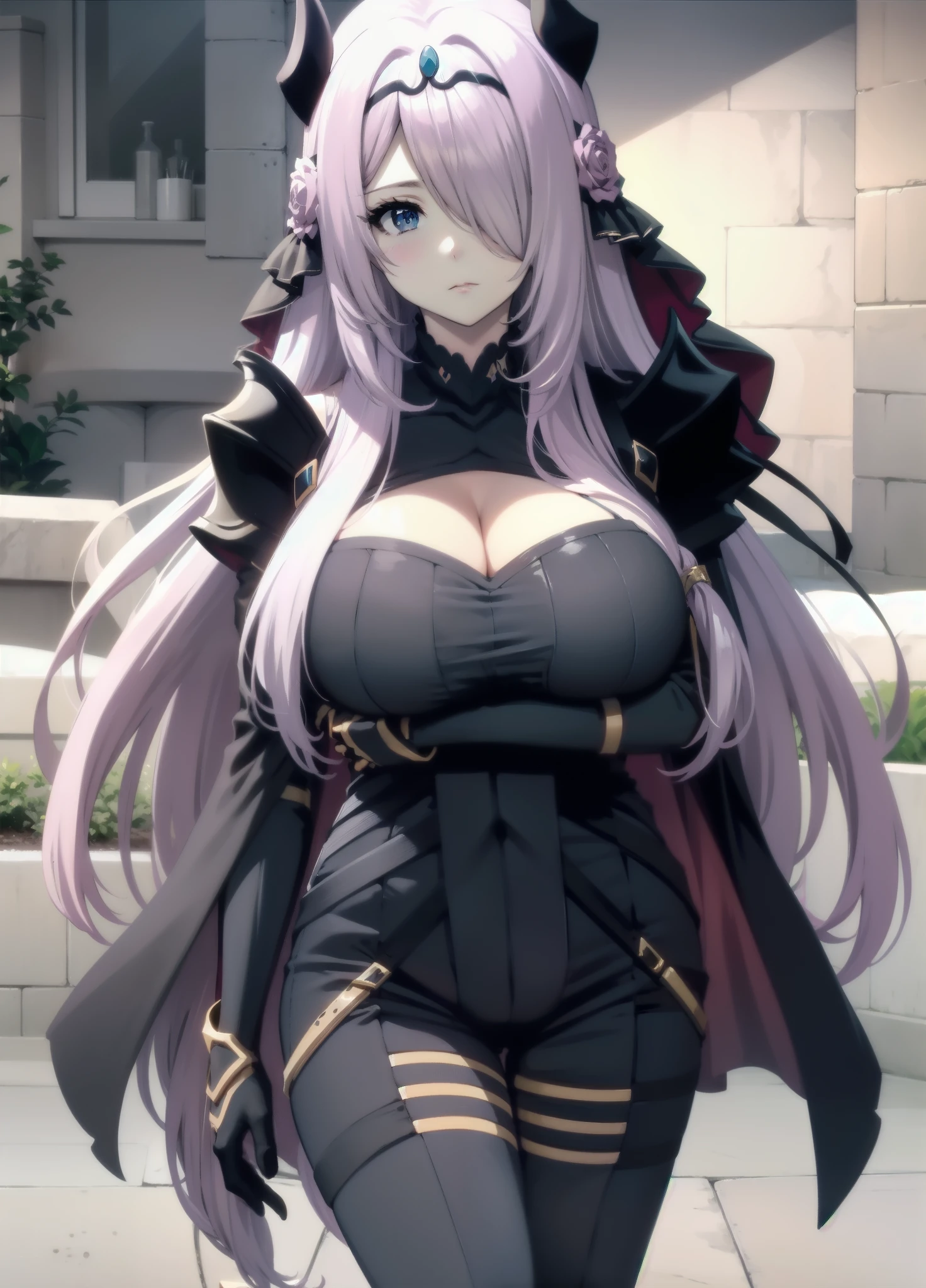 victoria horns, tiara, veil, black bodysuit, shoulder armor, long sleeves, cleavage cutout, black gloves, black overskirt, black pants,(huge breast,blush)
