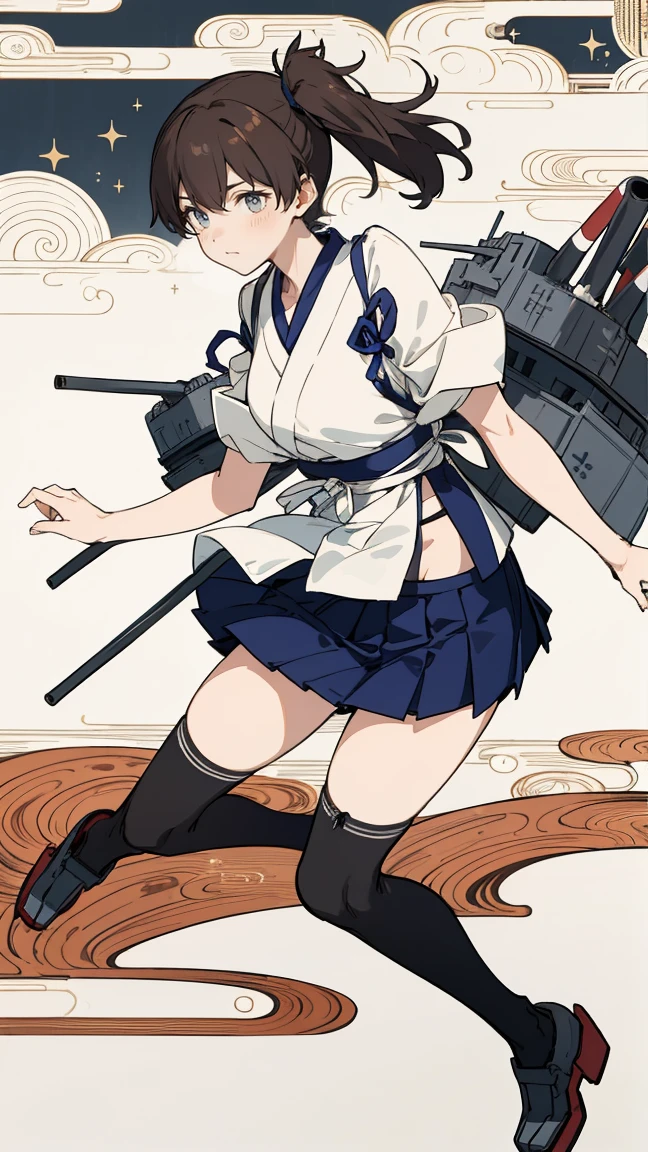 (masterpiece, highest quality) detailed, kaga (kancolle), {{kaga kai ni (kancolle)}}, side ponytail, brown eyes, black long hair, black thighhighs, short skirt, hakama skirt, japanese clothes, , blue hakama, hakama, muneate, tasuki, ,whole body,Chinese element pattern,thigh,