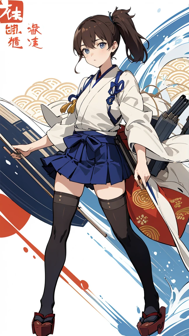 (masterpiece, highest quality) detailed, kaga (kancolle), {{kaga kai ni (kancolle)}}, side ponytail, brown eyes, black long hair, black thighhighs, short skirt, hakama skirt, japanese clothes, , blue hakama, hakama, muneate, tasuki, ,whole body,Chinese element pattern,thigh,