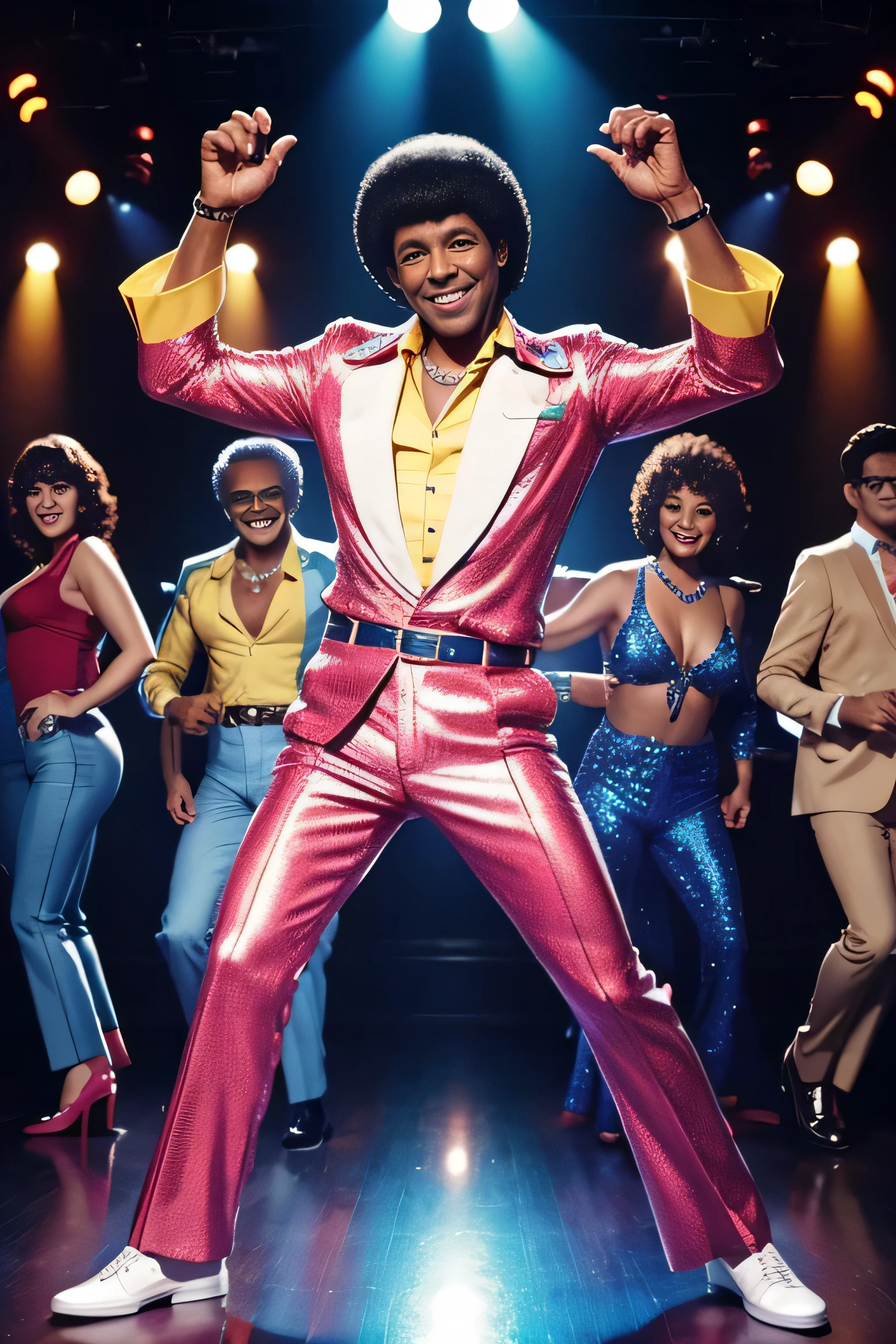 Man of 55yo,70's disco style, full body, smiling. dancing.