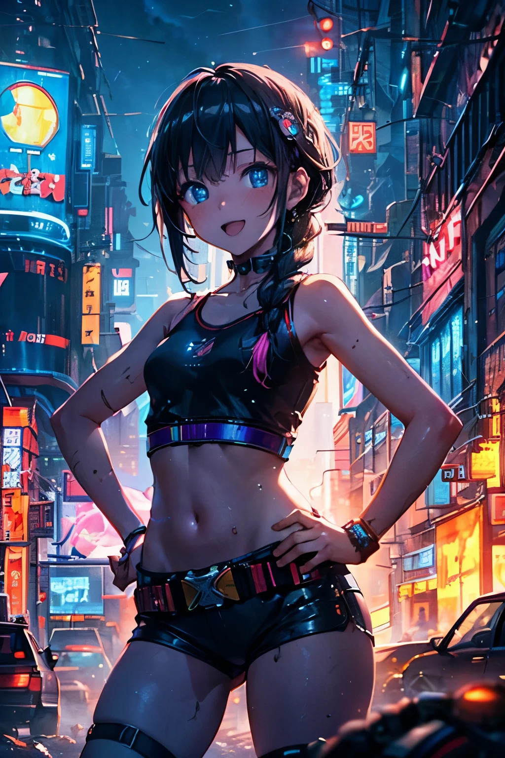 ((Masterpiece)), ((best quality)), (Anime:1.3), (cinematic lighting:1.5), (High Definition:1.3), (Professional Photography:1.4), ((12 years old)), 1girl, cute teenage girl, (innocent smile), open mouth, (Place hands on hips), beautiful Slender body, small breast, (silky black Hair), thick braid, cute eyes, cute navel, (Cyberpunk tanktop), coin belt, BREAK, ((best quality)), Light particles, (Neon Lights), ((in the cyberpunk cityscape)), (Dirty exterior walls full of advertisements), 