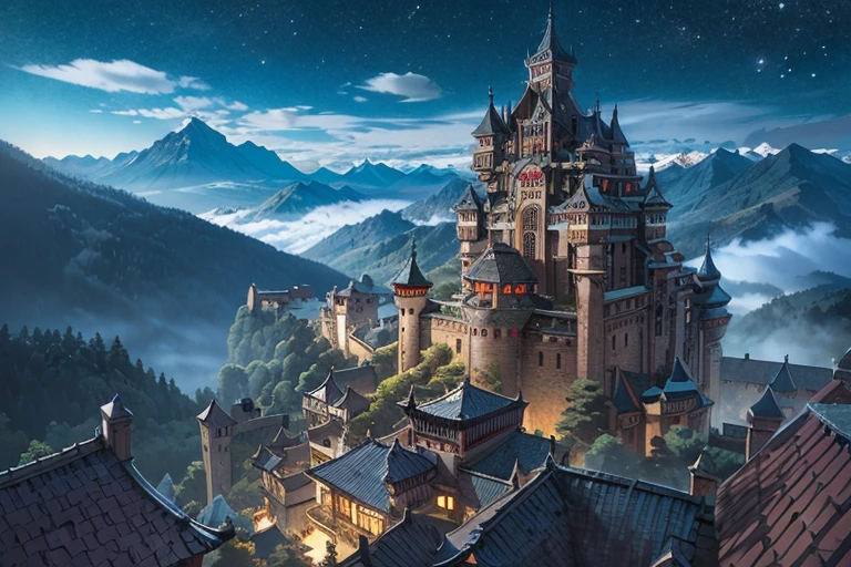 impressive big ((ghibli)) fantasy dark castle at night, tiled roofs, medieval, rocky mountains, many towers, sky passages between towers, clustered towers, many turrets, balconies, POV