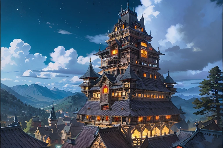 impressive big ((ghibli)) fantasy dark castle at night, tiled roofs, medieval, rocky mountains, many towers, sky passages between towers, clustered towers, many turrets, balconies, POV