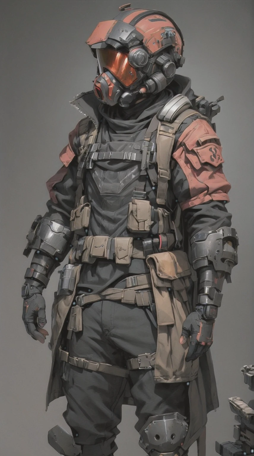 Male sci-fi soldier, post apocalytpic. Weathered clothing: sci-fi black helmet, red visor, brown duster coat, black tactical vest, black pants, tactical gear, faceless, hidden face