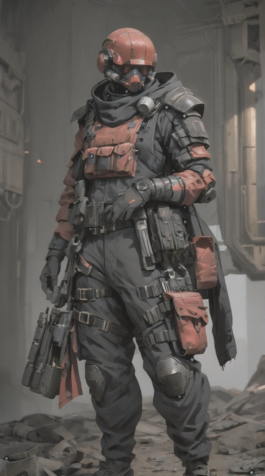 Male sci-fi soldier, post apocalytpic. Weathered clothing: sci-fi black helmet, red visor, brown duster coat, black tactical vest, black pants, tactical gear, faceless, hidden face