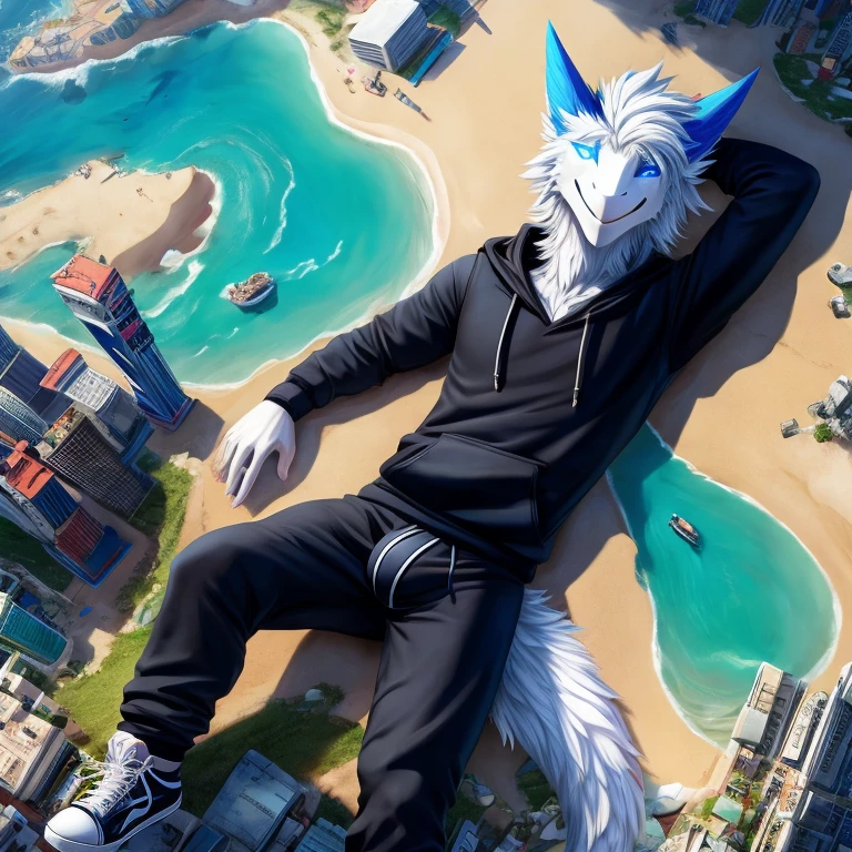 A birds-eye POV of a giga giant, furry and slim anthropomorphic sergal with white fur that has glowing blue markings, blue glowing eyes and short messy white hair wearing a black hoodie, grey sweatpants with a giant bulge, black socks and converse shoes while laying over an entire continent on earth and multiple tiny modern day cities in a sexy way on a sunny day while fire and debris surrounds his body. 