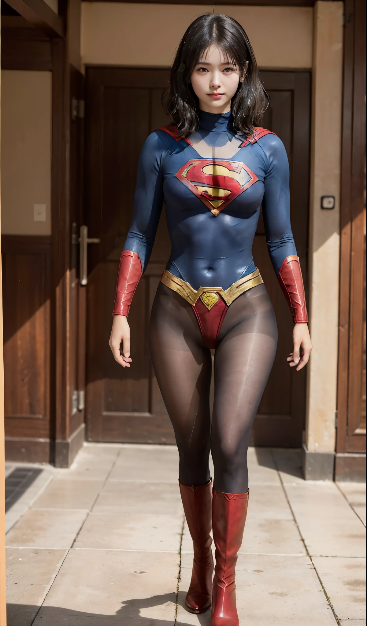 No background、(((Beautiful legs in black tights.)))、(((Legally express the beauty of your smile)))、((((Make the most of your original images)))、(((Supergirl Costume)))、(((Beautiful boyish short hairstyle)))、(((suffering)))、(((Please wear black tights....、Wear red boots)))、((Best image quality、8k))、((highest quality、8k、masterpiece:1.3))、(((Preserve background )))、Sharp focus:1.2、Beautiful woman with perfect figure:1.lim Abs:1.2、Wet body:1.5、Highly detailed face and skin texture、8k