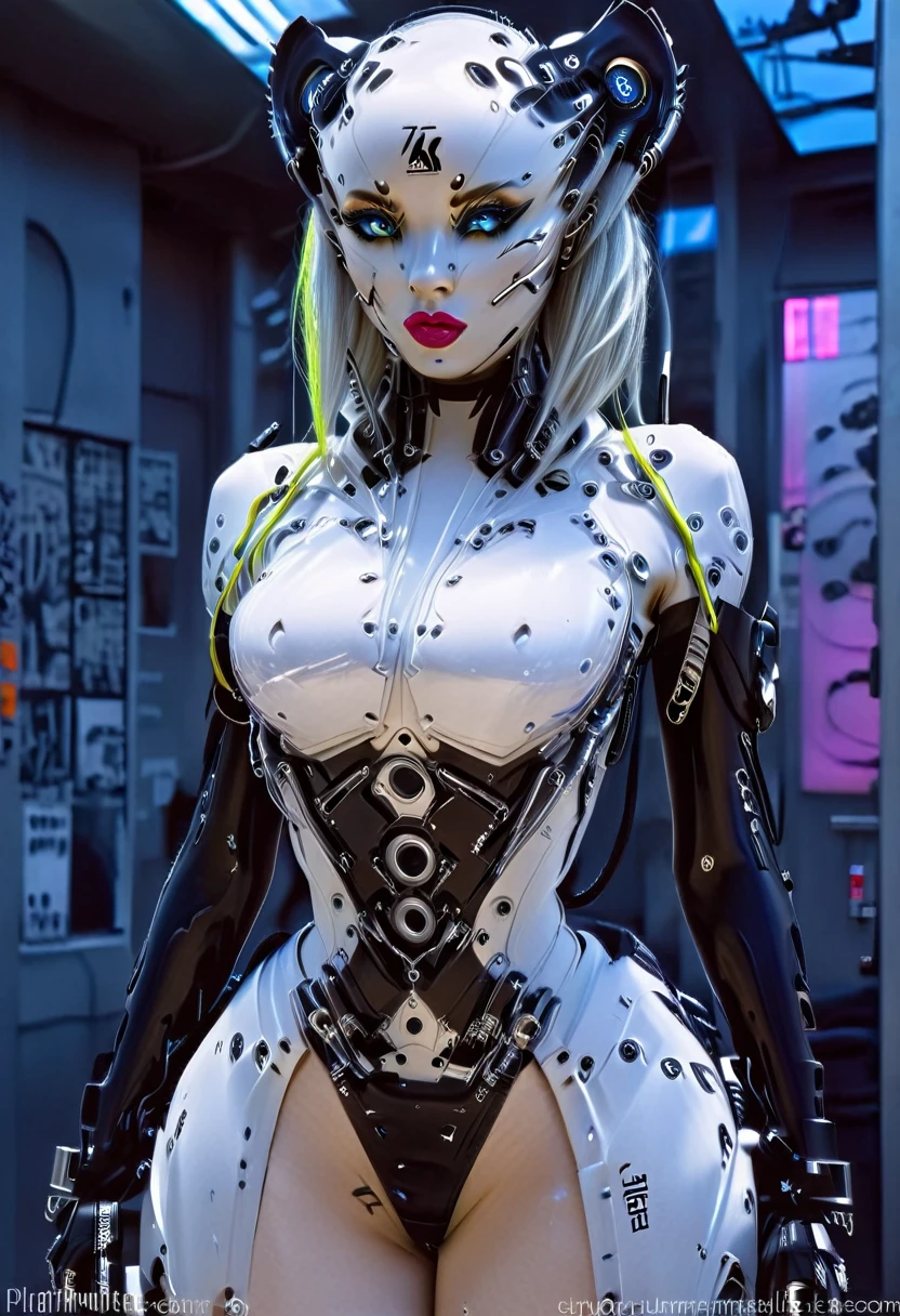 Hyper photo realistic picture perfect mechanical cybernetic punkgirl, perfect face, thin curved platinum blonde eyebrows, long luscious eyelashes, thick black eyeliner, black eye shadow, big eyes, neon sapphire eyes, bright cheek makeup, bright lipstick, beautiful perfect face. Curved lips, sexy punkgirl lingerie, perfect round breasts, slinder waist, perfect hips, perfect ass,