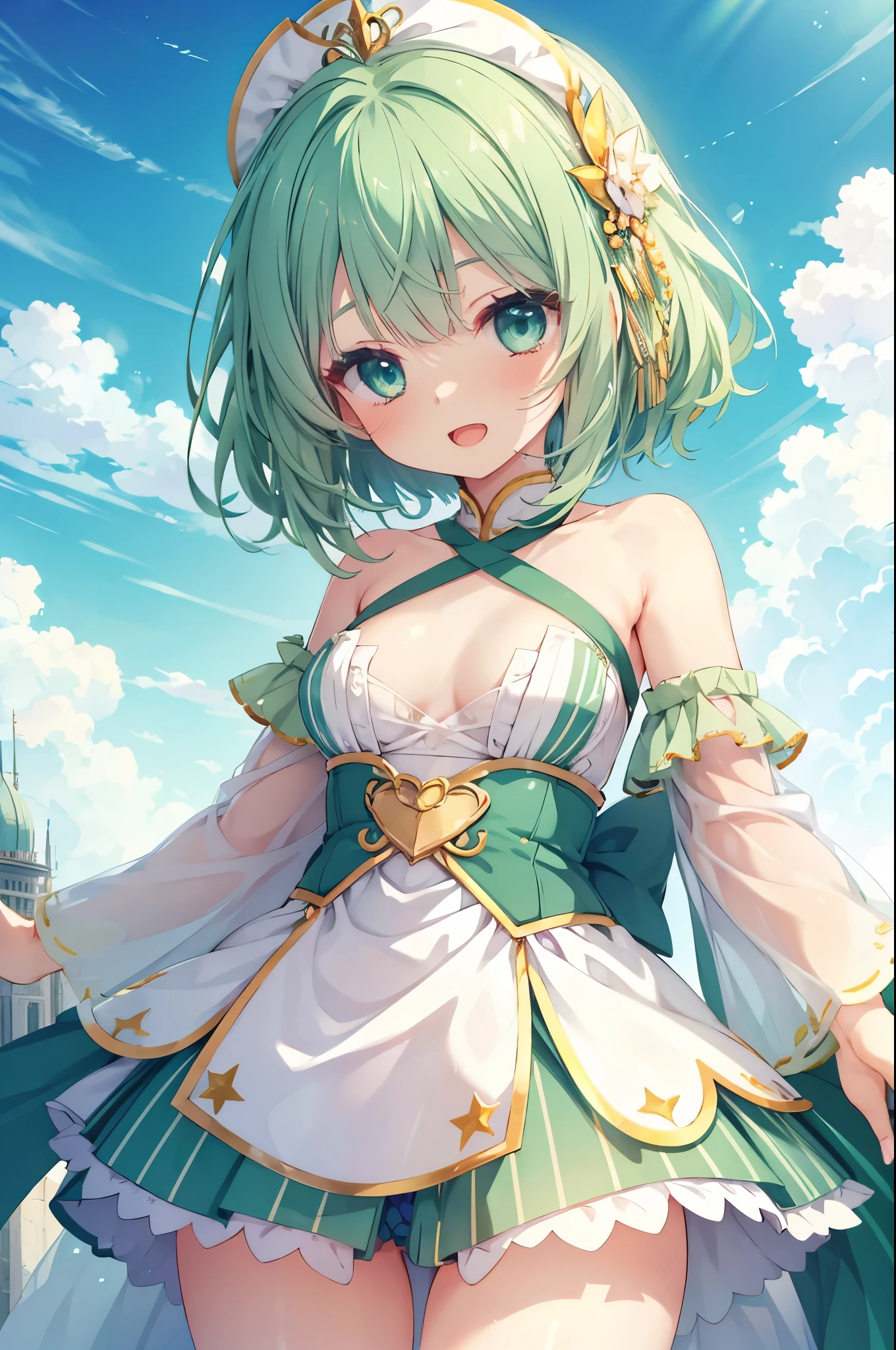 tiny girl,Colossal tits,Smile with open mouth,short green hair,Striped panties,,magical girl costume,hair adornments,Heterochromia,Blue and green eyes,Top image quality,Best Quality