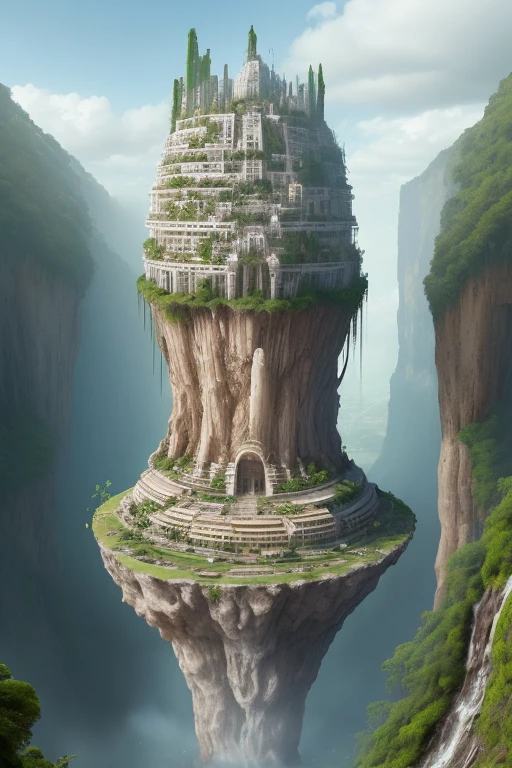 Un lugar donde se ve el olimpo de los dioses un lugar que no parece de este mundo se veria unos  edificios que parecen estar construido por los mismos dioses y con una cascada de fondo 
