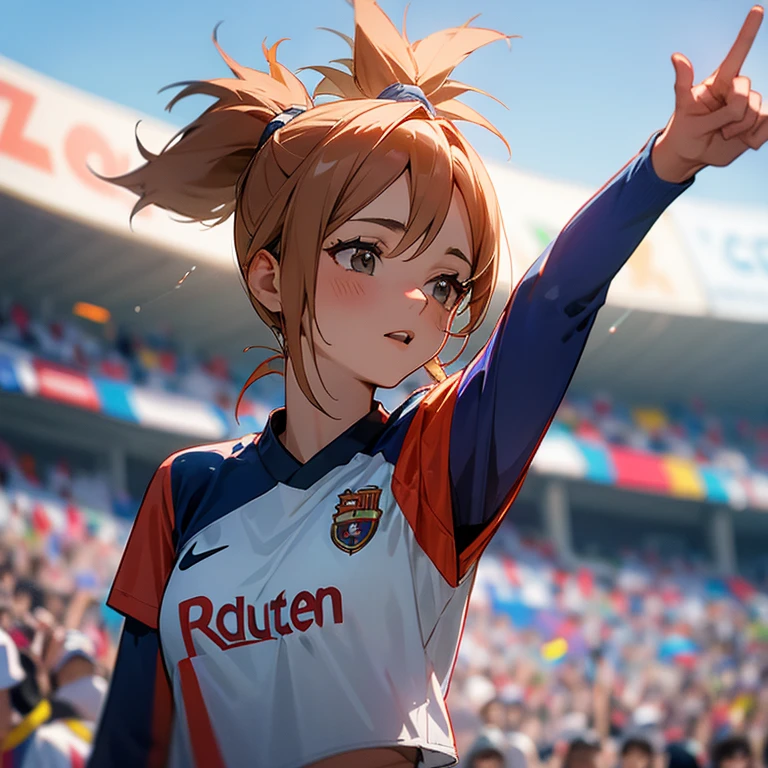 Mujer jugadoras del Barcelona femenil , uniforme actual de visitante (blanco), celebrando un gol, en la cancha