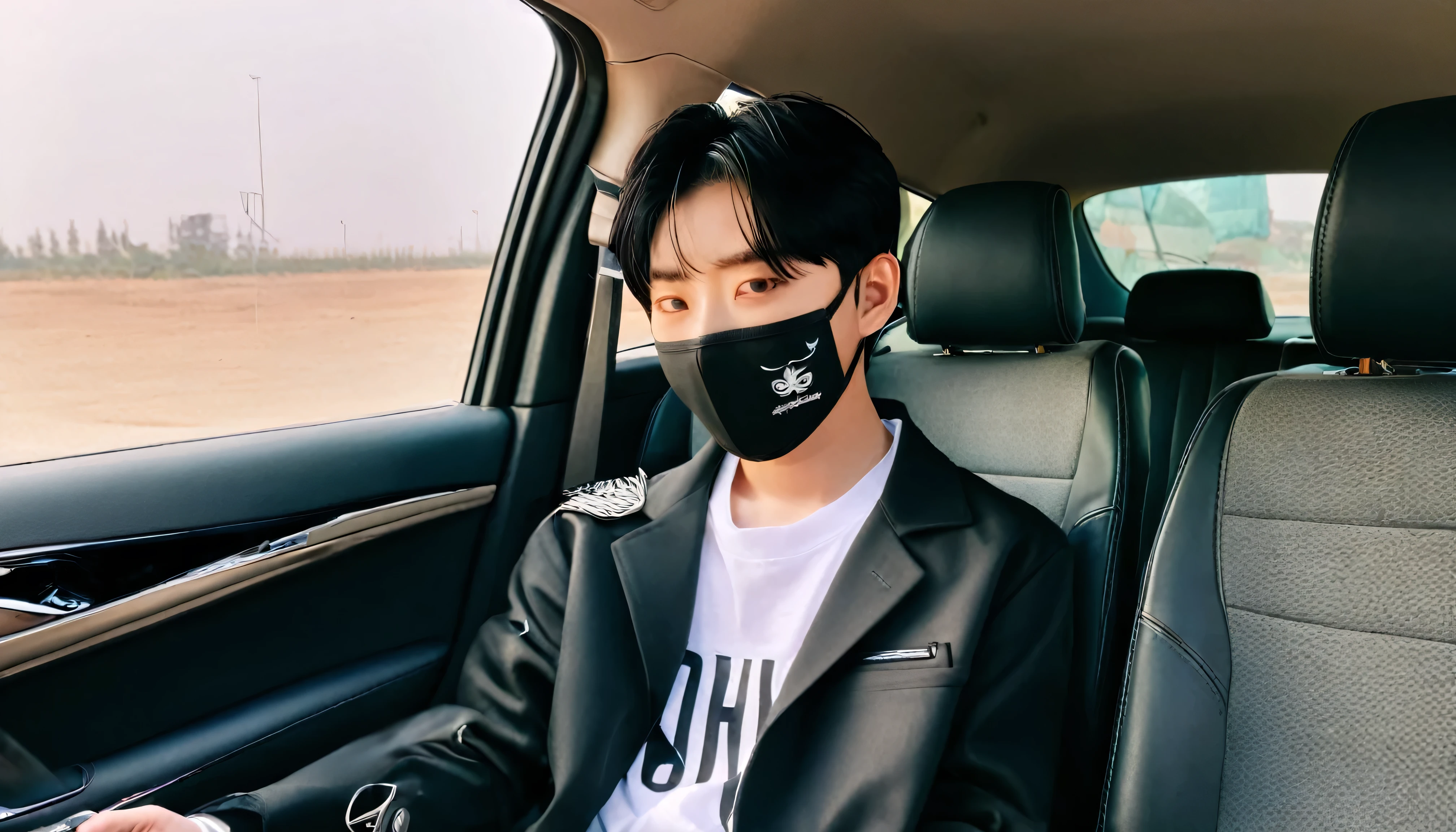 Arabian man wearing a black jacket and holding a mobile phone is riding in a car, male Ulzzang, Shin Jinyoung, Shin Jinyoung aesthetic, 1. The thin face of a 7--old , Kim Do-young, Wearing a black menpo mask, Ulzzang, Jungkook, The boy has short black hair, Cai Xukun, Kanriu 666