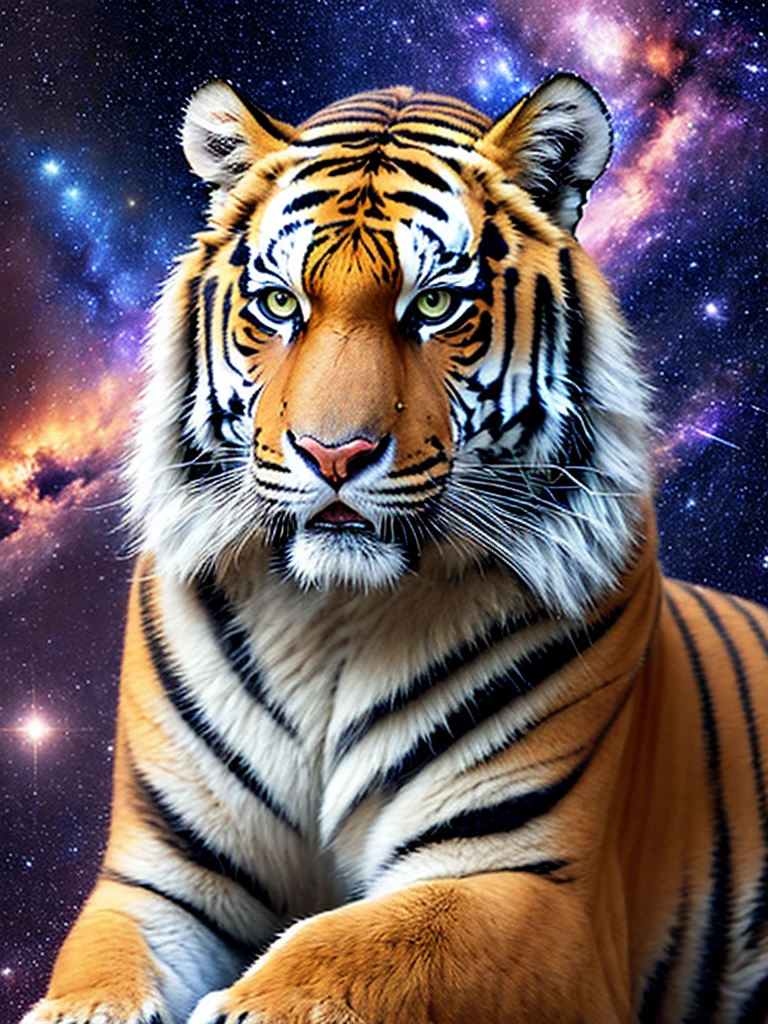 Weiser Tiger, im Sprung, offenes Maul, bunde Galaxy im Hintergrund