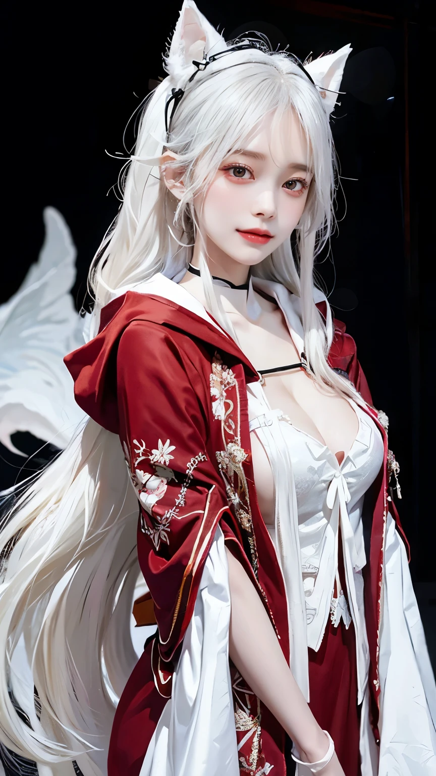 Long white hair - Red eyes - Black hair accessory - Hoodie - Elegant - Mysterious - Less revealing - Modest - Unique - Smiling face - Attractive - Presence