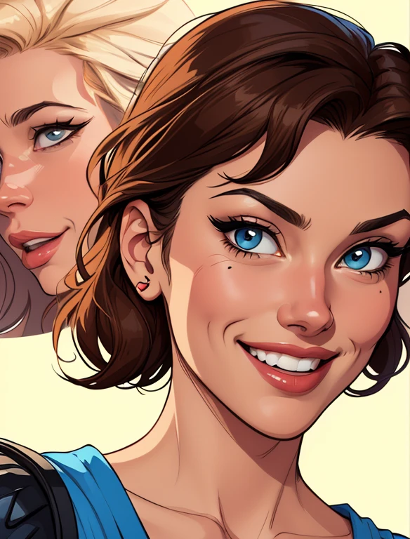 Xena princess warrior portrait mode sensual sesys style Cartoon style digital illustration together boyfriends Cartoon style character portrait mode Character cartoon style facial expression happy beautiful smile and six medium small portrait mode waist up