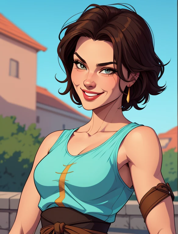 Xena princess warrior portrait mode sensual sesys style Cartoon style digital illustration together boyfriends Cartoon style character portrait mode Character cartoon style facial expression happy beautiful smile and six medium small portrait mode waist up