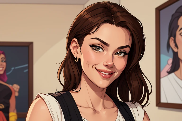 Xena princess warrior portrait mode sensual sesys style Cartoon style digital illustration together boyfriends Cartoon style character portrait mode Character cartoon style facial expression happy beautiful smile and six medium small portrait mode waist up 