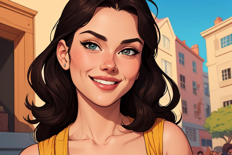 Xena princess warrior portrait mode sensual sesys style Cartoon style digital illustration together boyfriends Cartoon style character portrait mode Character cartoon style facial expression happy beautiful smile and six medium small portrait mode waist up