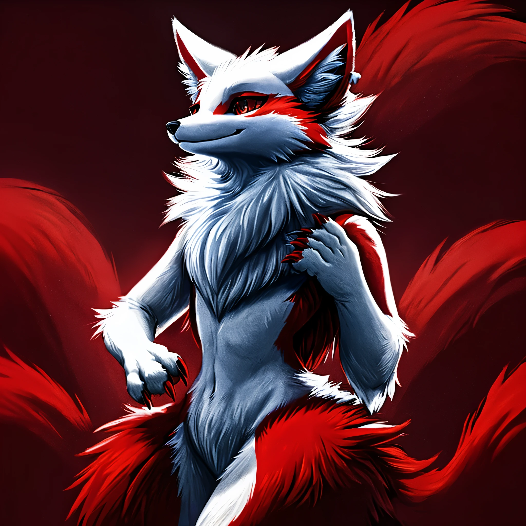 An anthropomorphic fox with a striking coat of fur graces the canvas, whose body is primarily clad in pristine white fur. A contrasting red hue adorns the chest area, extending from the neck down to the rectum region. Each hand exhibits five well-defined fingers, boasting sharp, distinctive red claws. This ethereal creature's snout is a vibrant red, and its eyes are framed by a red and white blend, creating an enchanting effect.

Additionally, a red dot graces the tip of its ear tufts, which are a mesmerizing combination of white, red, and black. A mane-like tuft of