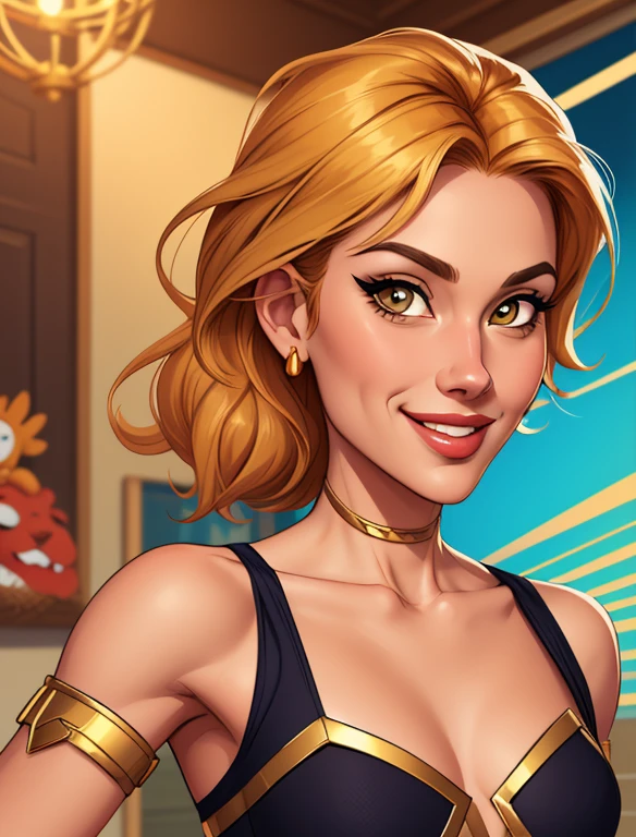 Xena princess warrior sensual portrait mode sesys style Cartoon style digital illustration together lovers Cartoon style character portrait mode Character cartoon style facial expression happy beautiful smile and six medium small portrait mode waist up with lots of gold around her other precious stones