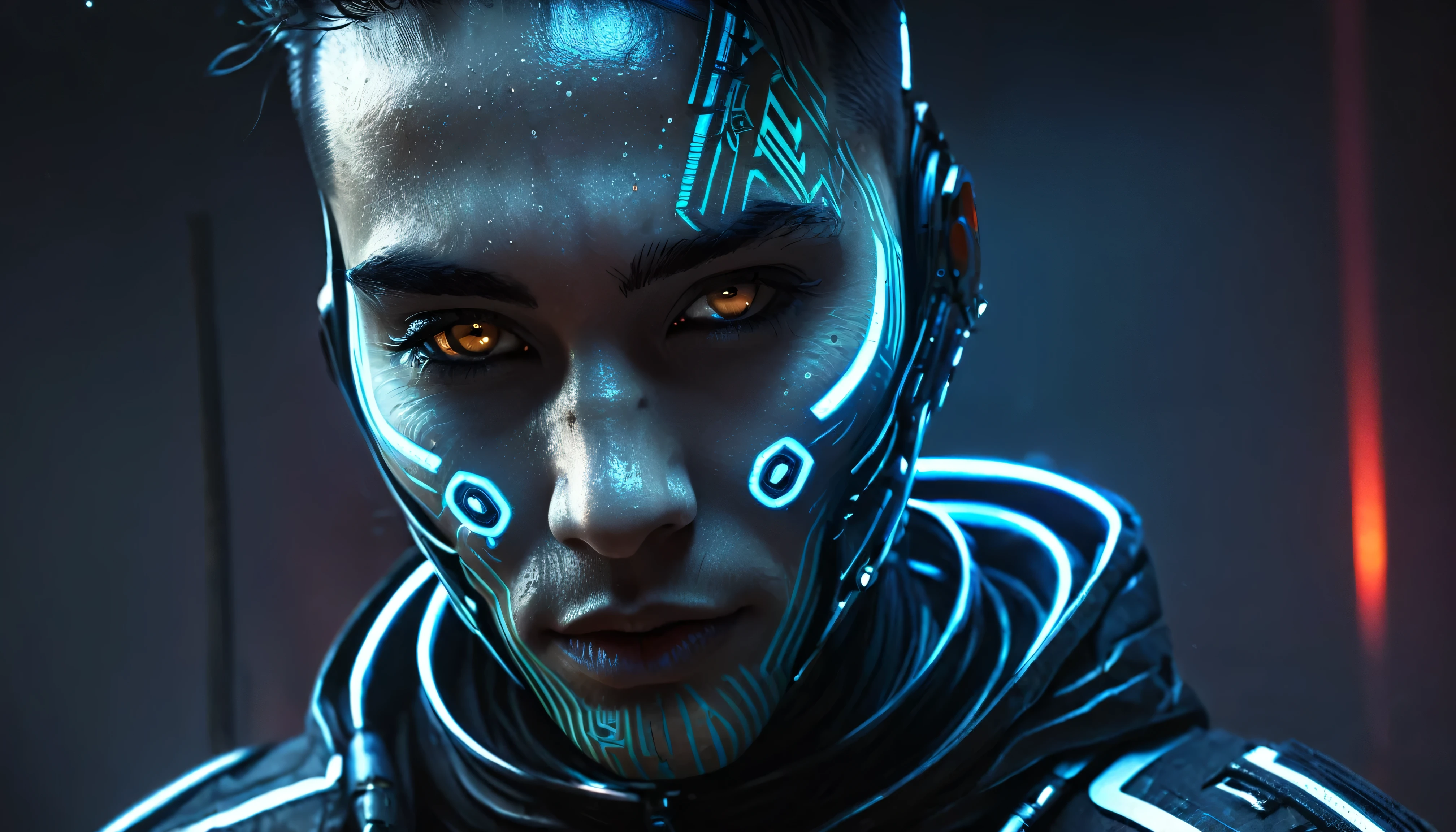 Detailed portrait cyberpunk (sks man), Futuristic neon reflective clothing, Science fiction, Robot parts, Ismail Inceoglu Dragon Bibin Hans Thomas Greg Rutkowski Alexander Piromalis Necro Rene Margit Illustrations, Perfect Face, ((tattoo)), , Matte skin, pores, Wrinkle, Ultra-detailed, Surreal,, Moody lighting, Hasselblad Award Winners, Soft Diffuse Lighting, Grin,, Machine Face, Fine details, Realistic shadows, Complex, elegant,