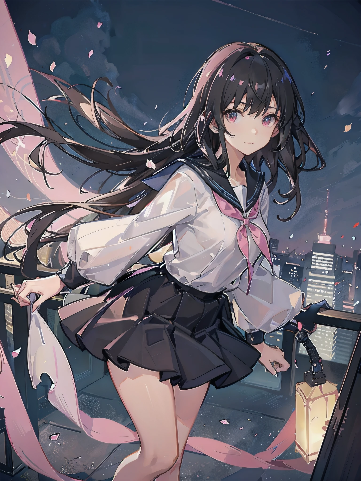 A girl with short, dark brown lob hair stands on the rooftop of a high-rise building overlooking Tokyo late at night.、A high school student wearing a white and black sailor uniform with a pale pink ribbon、She wears a large witch's hat with a small sapphire accessory、A few star creams、Beautiful starry sky、Beautiful night view、