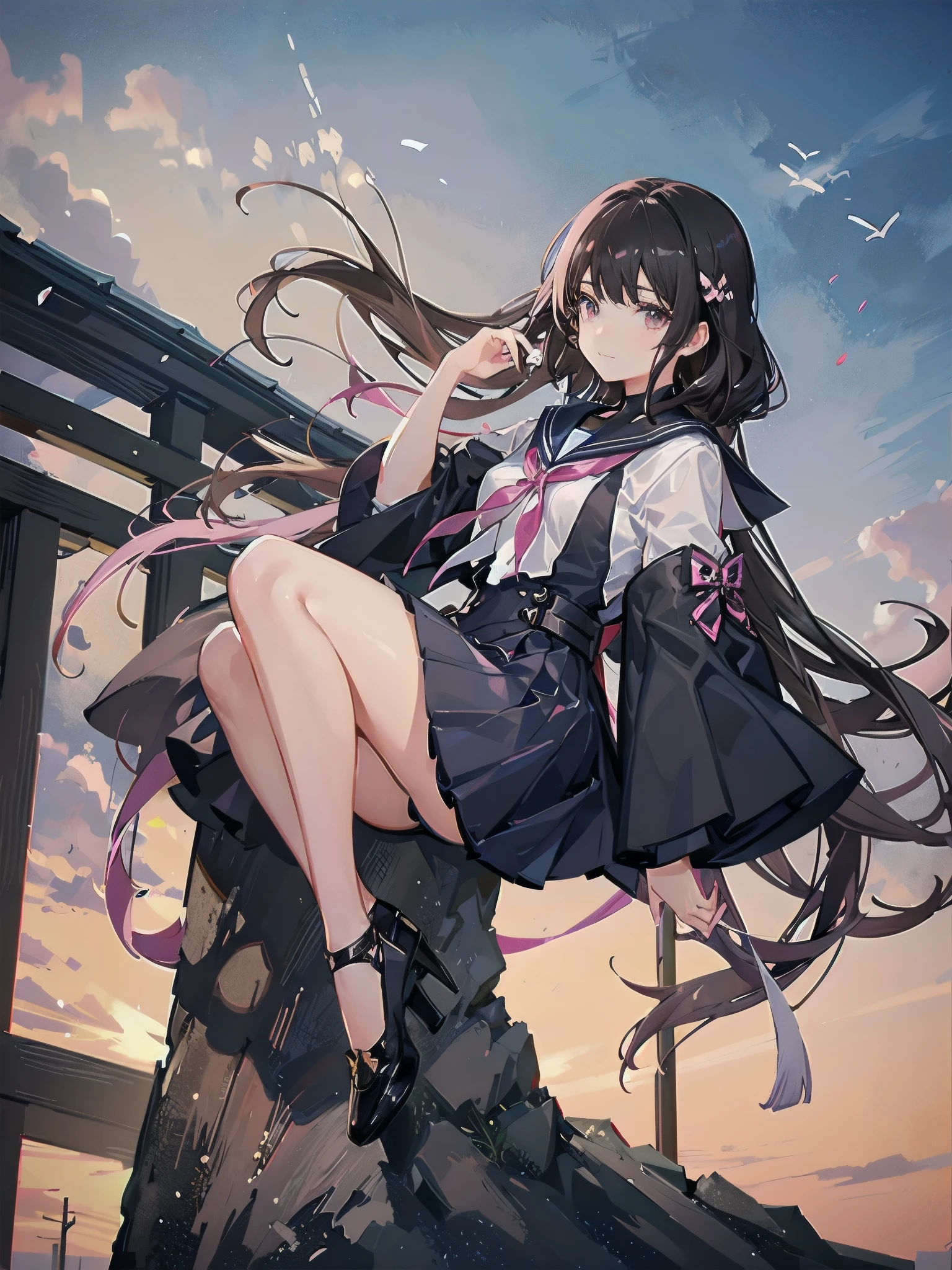 A girl with short, dark brown lob hair stands on the rooftop of a high-rise building overlooking Tokyo late at night.、A high school student wearing a white and black sailor uniform with a pale pink ribbon、She wears a large witch&#39;s hat with a small sapphire accessory、A few star creams、Beautiful starry sky、Beautiful night view、